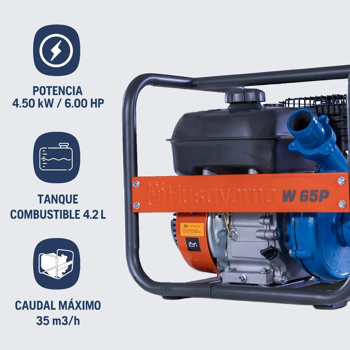 Ficha de la motobomba Husqvarna W65P: 6 HP, tanque de 4,2 litros y caudal máximo de 35 m³/h